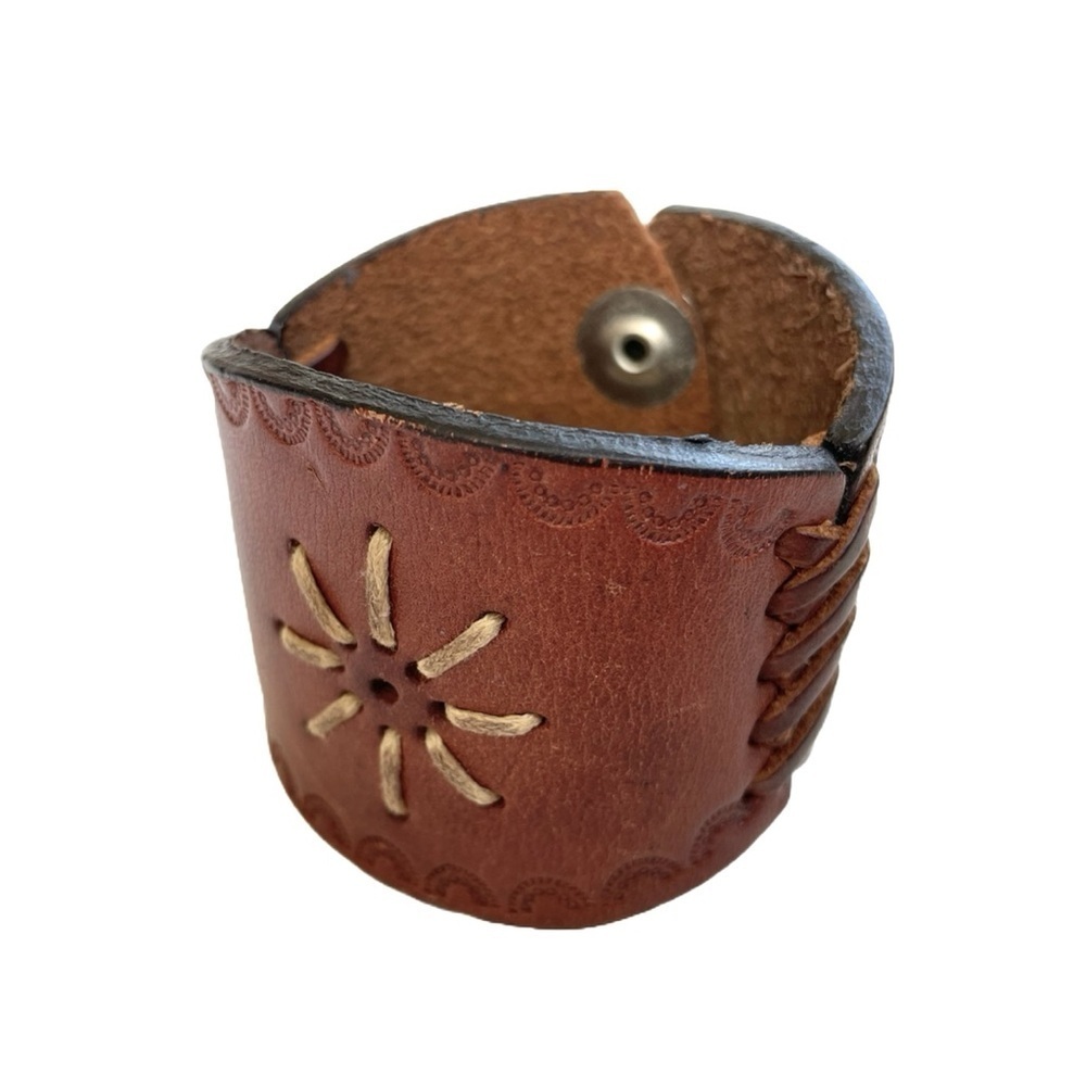 Handmade Tooled Embossed Leather Cuff Bracelet, Brown, Size Small